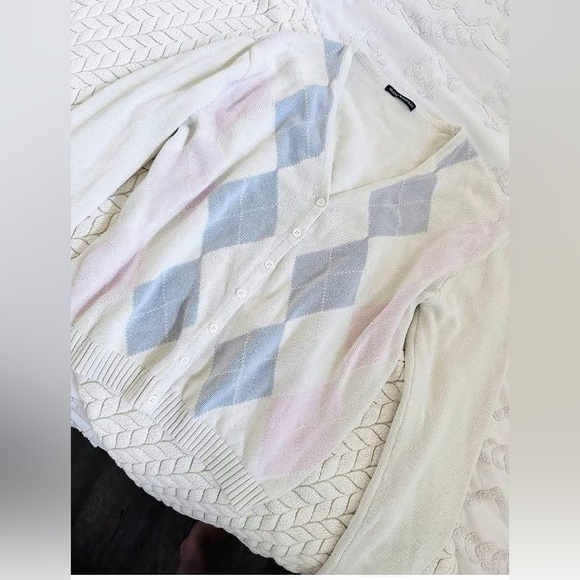 Brandy Melville Sweaters - Brandy Melville Cream and Blue Argyle Cardigan